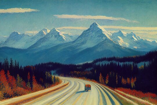 large white transport truck travelling on trans Canada highway in British Columbia Canada with scenic mountains mountaineous scenery in background good winter road conditions horizontal format