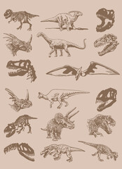 Graphical vintage set of dinosaurs , sepia background,vector  illustration for tattoo and printing, textile elements © Алексей Воробьёв