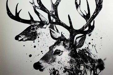 Illustration of black and white deer in paint splashes. Majestic portrait. Big head of animal, dripping oil and water painting of a wild mammal. Watercolor drawing. 3D illustration.