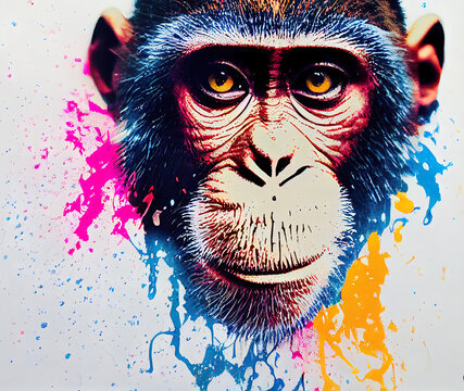 Illustration of colorful monkey in paint splashes. Majestic portrait. Big head of animal, dripping oil and water painting of a exotic mammal. Watercolor drawing. 3D illustration.