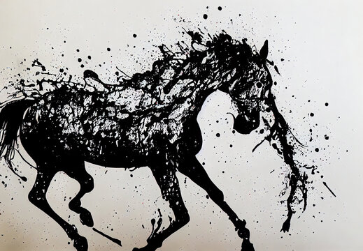 Illustration of black and white horse in paint splashes. Majestic portrait. Big head of animal, dripping oil and water painting of a wild mammal. Watercolor drawing. 3D illustration.