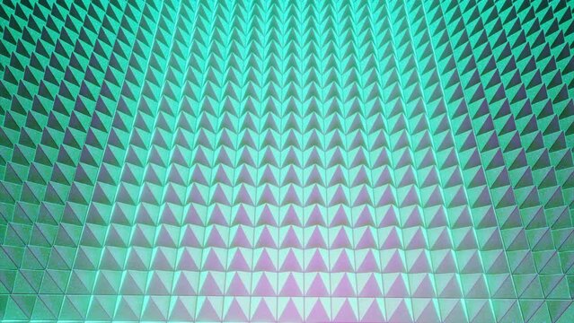 Abstract background with animation of rotating colorful glossy grid. Design. Spinning field of 3D tiny pyramid shapes in many rows.