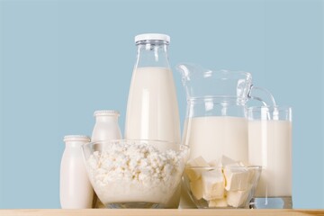 Tasty fresh dairy products and milk on the desk