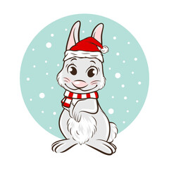 Vector Cute Funny Rabbit, Hare with Santa Hat and Scarf, Line Art. Bunny Icon, Design Template for Oriental Chinese New Year 2023 Card, Christmas Poster, Sticker, T-shirt Print, Kids Design