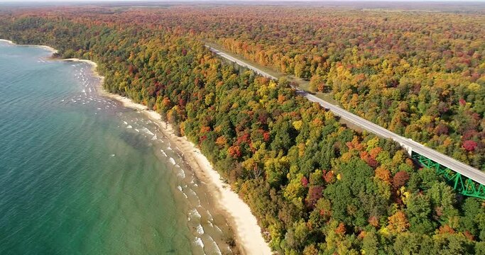 Aerial view of Cut River Bridge in Upper Peninsula Michigan in Autumn on Lake Michigan