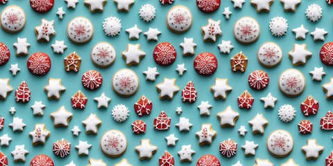Cotton fabric Red and white christmas cookies with icing as seamless pattern background illustration
