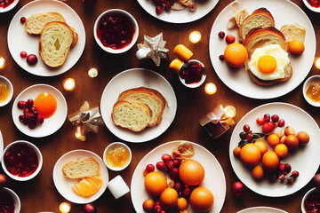 Cotton fabric Background with christmas breakfast with decorations on a table
