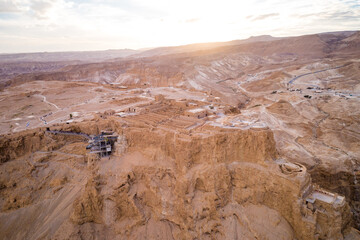 Masada. The ancient fortification in the Southern District of Israel. Masada National Park in the Dead Sea region of Israel. The fortress of Masada. Drone Point of View.