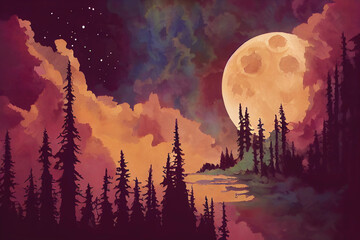 Abstract fairy tale forest landscape background with full moon