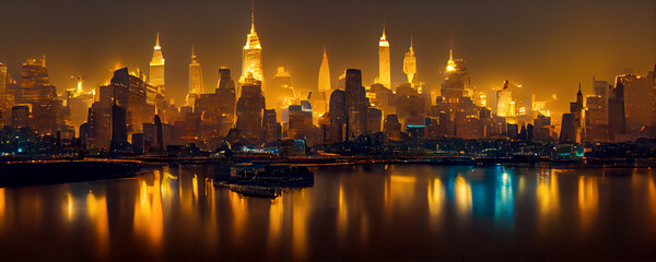 Fototapeta na wymiar Manhattan Midtown skyline panorama at night, New York. New York skyline. Concept digital illustration