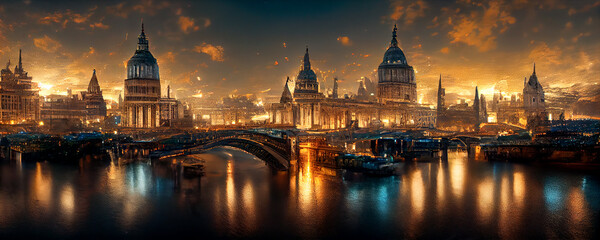 Naklejka na ściany i meble Panoramic cityscape view of London and the River Thames, England, United Kingdom. Concept digital illustration 
