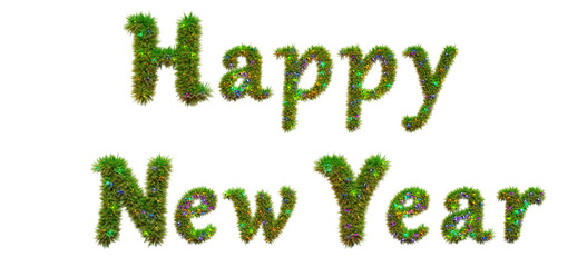 Text "Happy New Year",  covered with fir branches and garland light. Happy New Year lettering from the branches of Christmas tree, transparent background, PNG file. 3D Render.