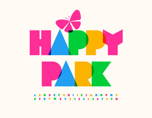 Obraz premium Vector colorful Emblem Happy Park. Funny Kids Font. Creative Alphabet Letters and Numbers