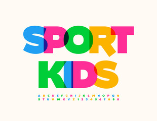 Vector funny emblem Sport Kids. Watercolor Font. Modern Bright Alphabet Letters and Numbers set