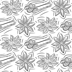 Hand drawn anise, cinnamon seamless pattern background. Spices in doodle and line art style. Isolated vector illustration.