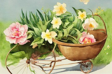 Obraz na płótnie Canvas Garden wheelbarrow with spring flowers. Watercolor illustration. Peonies, daffodils, hyacinth, leaves.