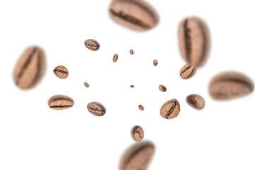 Coffee beans flying background. Black espresso grain falling on white. Rustic coffee bean fall...