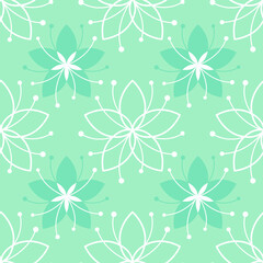 Lovely floral seamless pattern with simple flower. Mint green and white background. Line illustration for textile, wrapping paper, fabric, greeting card, fashion. Vector backdrop with nature tune