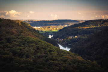 Famous Nature Landmark Saarschleife in Saarland, Germany in Europe in Autumn Fall on a warm clouy...