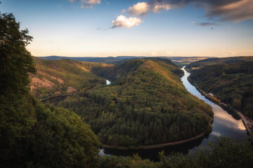 Famous Nature Landmark Saarschleife in Saarland, Germany in Europe in Autumn Fall on a warm clouy...