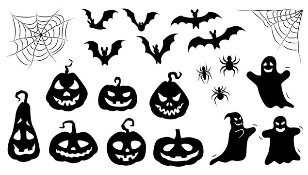 Halloween set: pumpkins, ghosts, bats, spiders and spiderweb. Vector hand drawn elements.