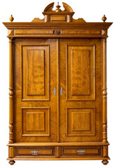 Brown classic wardrobe cabinet with two doors isolated on white background.