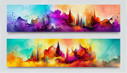 Abstract art background with colorful gradient alcohol ink elements and building forms. Set of two colorful art poster design with abstract building element form