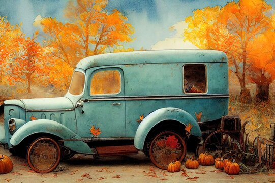 Vintage watercolor turquoise truck. Autumn farm illustration of old retro car with pumpkins and leaves decor.