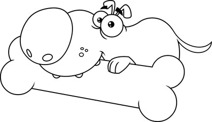 Outlined Cute Dog Cartoon Character Gnawing On Bone. Vector Hand Drawn Illustration Isolated On Transparent Background