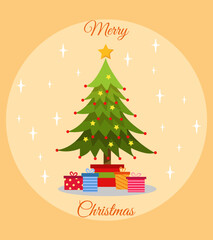 Christmas greeting postcard with New Year tree and host boxes in flat design. Cute postcard for winter holidays.