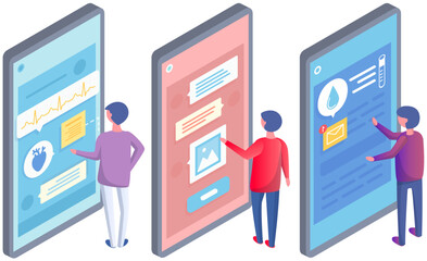 Messengers and programs on phones. People use smartphone apps for weather forecast, online doctor consultation and chatting. Medical, meteorological and communication application interfaces set