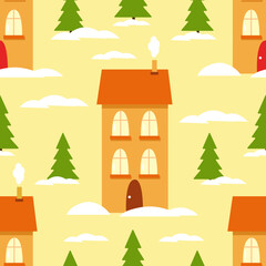 Vector winter pattern design with cute houses and pine trees