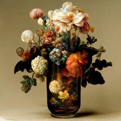 Vintage floral composition in vase, digital art still life made with generative AI