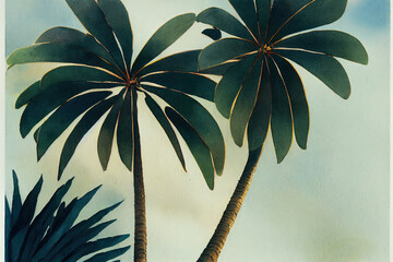 Palm tree, dracaena on isolated white background, watercolor botanical illustration
