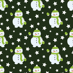 Christmas pattern with cute snowman in green hat on dark background
