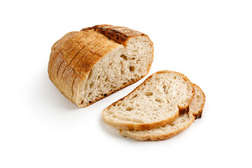 Fresh baked round Bread isolated on white background. Sliced, cutted wheat rye sourdough bread. Tartine country bread. .