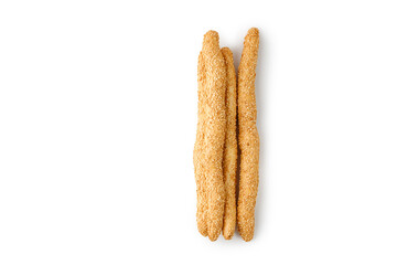 Grissini with sesame seeds isolated on a white background with clipping path. Fresh bread sticks, snack. Breadsticks..