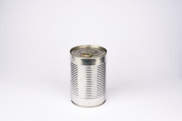 Iron tin can with tab opener on the white background.