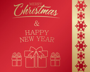 Holiday card with text Merry Christmas and Happy New Year, presents on red background. Design for your promotion, advertising, market flyer, shop brochure, advert, sign, label, coupon, store poster.