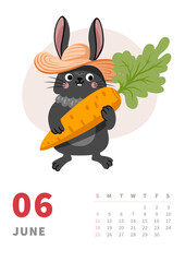June 2023 wall calendar page with cute bunny. Chinese new year symbol. Summer season. Rabbit farmer with big carrot. A4 template, print, poster, vector illustration.