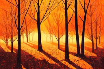 Naklejka na ściany i meble Watercolor bright Autumn trees, Orange background, Fall leaf