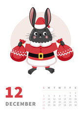 December 2023 wall calendar page with cute bunny. Chinese new year symbol. Winter season. Santa claus rabbit with gifts. A4 template, print, poster, vector illustration.