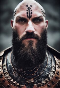 Portrait of an ancient warrior with a beard and in ancient clothing. Concept of an ancient brave warrior. 3D render.