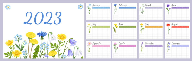 Monthly daily weekly planner templates for 2023 year. A4 horizontal page with floral design, wild flowers. Organizer, schedule with place for notes; goals, to do list.
