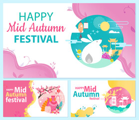Mid autumn festival calendar greetings design template. Postcard in chinese style with national symbols. Greeting card for eastern holiday season. Banner for autumn festival vector illustration