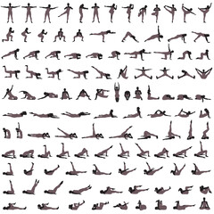 Big set of vector silhouettes of girl doing yoga and fitness exercises. Shapes of slim woman in sportive costume practicing and stretching in different poses isolated on white background. 
