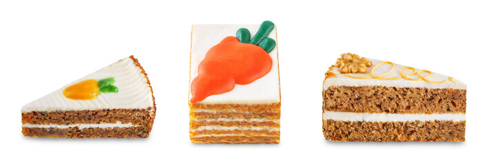 Set of carrot cakes with cream cheese filling on a white isolated background