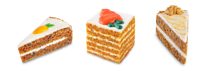 Set of carrot cakes with cream cheese filling on a white isolated background