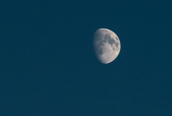 A white moon with clearly visible craters in a blue evening sky.