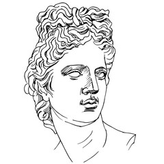 Outline vector illustration of portrait of Apollo Belvedere. Black and white line art of antique sculpture